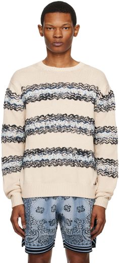 Knit cotton- and cashmere-blend sweater. · Poplin striped pattern · Rib knit crewneck, hem, and cuffs Supplier color: Blue/Alabaster Bandana Outfit, California Contemporary, White Bandana, Leopard Sweater, Latest Sweater, Jacquard Sweater, Embellished Denim, Cashmere Blend Sweater, Knitwear Men