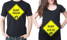 a man and woman wearing bump maker t - shirts