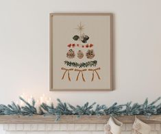 a fireplace mantle with stockings and christmas decorations on it, next to a lit candle