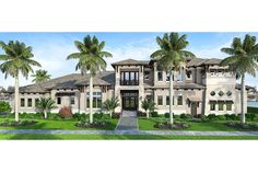 this is an artist's rendering of a luxury home with palm trees in front