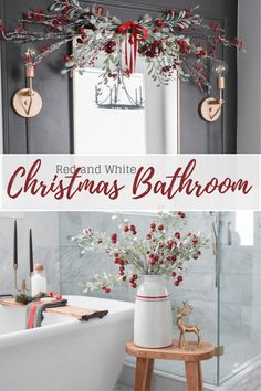 a bathroom decorated for christmas with red and white decorations on the bathtub, wreaths and candles