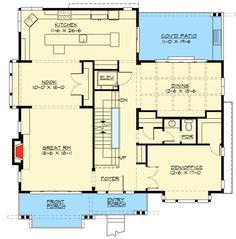 the first floor plan for a house with an upstairs living room and dining area on one side