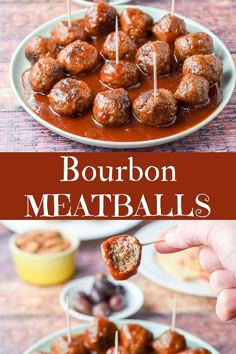 the meatballs are being dipped with toothpicks and served on skewers