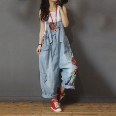 Women's Overalls in Street Denim Not Positioning Printing Full Length Pocket Pullover Harem Female Blue One Size Summer Hand Wash Baggy Overalls Outfit, One Piece Jeans, Oversized Dungarees, Oversized Overalls, Ripped Overalls, Jumpsuits Jeans, Fashion Overalls, Sleeveless One Piece, Loose Sweater Dress