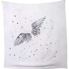 a black and white drawing of a bird flying in the sky with stars on it