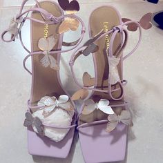 Brand New Butterfly Shoes High Heels Purple, Lavender Heels With Flowers, Lavender Butterfly Shoes, Purple Bride Heels, Dark Purple Quinceanera Heels, Purple Heels Butterfly, Wedding Shoes Purple Lavender, Purple Fairy Wedding Shoes, Lavender Hoco Shoes