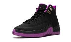 Black and purple Air Jordan 12 Retro GG sneakers from jordan featuring a round toe, a lace-up front fastening, a pull tab at the rear, a flat sole, leather accents and an embroidered logo at the tongue.  These styles are supplied by a premium sneaker and street wear marketplace.  Stocking only the most sought-after footwear and clothing, they source and curate some of the most hard-to-find items from around the world. Jordan Pictures, Jordan 12s, Original Air Jordans, Shoe Photography, Pink Jordans, Shoe Pics, Jordan Model, Jordan Shoes Girls, Air Jordan 12