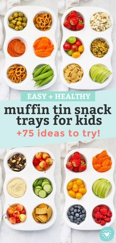 an assortment of healthy muffin tin snack trays for kids