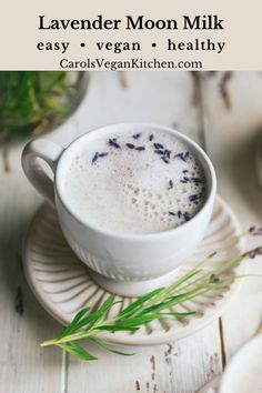 lavender moon milk in a white cup on a saucer