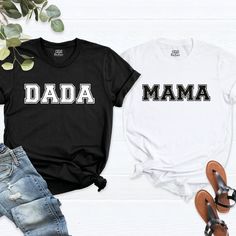 Mama and Dada Shirts, Couple Mommy Daddy Shirts, Matching Family Shirts, Matching Mom and Dad Shirts, Pregnancy Announcement Shirts, Dad Tee. HI! Welcome to my store, I'm delighted to see you here. My store's main goal is to provide you with premium everyday apparel with the best graphic t-shirts. I see you as a friend, not just a customer. I'm sure you'll love my designs. You can order the same design 4XL and 5XL large sizes from the link, please specify the details in the order note.   https:/ Black Family Matching Shirt For Mother's Day, Black Shirt With Text Print For Family, Casual Black Shirt For Family Events, Mom And Dad Shirts, Anniversary Shirts, Matching Family Shirts, Mommy Outfits, Dad Shirts, Anniversary Shirt