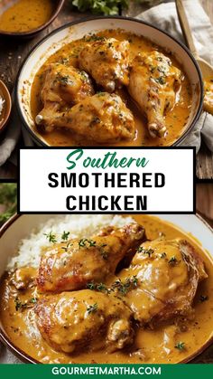 southern smothered chicken with gravy in a white bowl