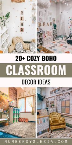 four photos with the words cozy boho classroom decor ideas in different styles and colors