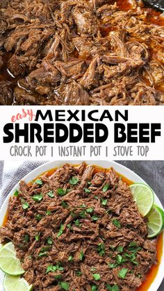 mexican shredded beef in a white bowl with limes and cilantro on the side