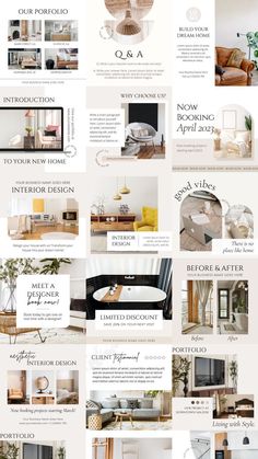 the interior design process is shown with many different types of furniture and decor items in it