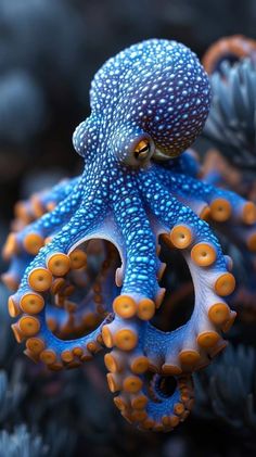 an orange and blue octopus is sitting on some plants