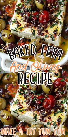 baked feta and olives recipe with text overlay