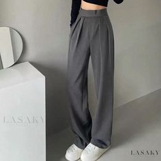 Lasaky - High-Waisted Wide-Leg Trousers with Loose Fit and Floor-Length Design Casual Black Trousers, Black Trousers Casual, Office Elegant, Elegant Office, Pants Vintage, Classic Suit, High Waist Pants, Elegant Casual, Black Trousers