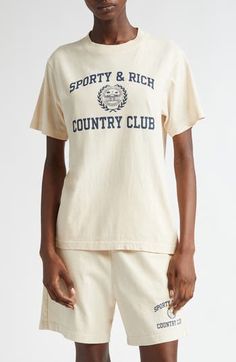 Make your way around the country club like you own it in a cotton-jersey T-shirt emblazoned with a brand crest. Crewneck Short sleeves 100% cotton Machine wash, dry flat Made in the USA Asian & Pacific Islander Owned/Founded Sporty Cotton T-shirt With Embroidered Logo, Classic Cotton T-shirt For College, Vintage Country Club, Pacific Islander, Sporty And Rich, Own It, Vintage Country, Country Club, Like You