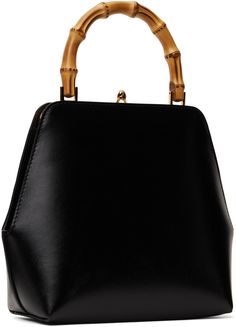 Grained calfskin top handle bag in black. · Bamboo carry handle · Logo stamp at face · Kiss-lock closure · Zip pocket at interior · Nappa calfskin lining · H7.75 x W7.25 x D3 Supplier color: Black Black Shoulder Bag With Bamboo Round Handle, Evening Leather Shoulder Bag With Bamboo Handle, Leather Shoulder Bag With Bamboo Handle For Evening, Formal Top Handle Satchel With Leather Lining, Formal Top Handle Bag With Leather Lining, Modern Black Shoulder Bag With Bamboo Handle, Classic Bags With Leather Lining And Round Handle, Classic Evening Shoulder Bag With Bamboo Handle, Formal Shoulder Bag With Bamboo Handle