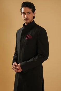 Shop for Raghavendra Rathore Blue Black Raw Silk Pintuck Achkan for Men Online at Aza Fashions Achkan For Men, Raghavendra Rathore, Band Collar, Churidar, Full Sleeves, Pin Tucks, Raw Silk, Pocket Square, Aza Fashion