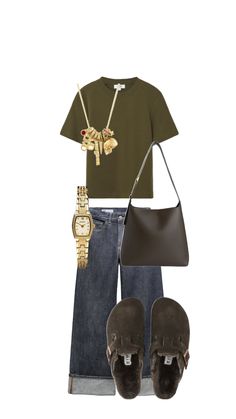 a woman in green shirt, jeans and brown shoes with handbag on white background