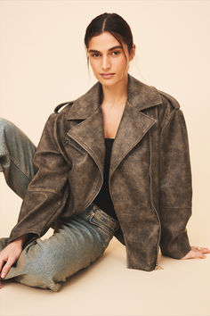 Washed Out Pu Biker Jacket Oversized Biker Outerwear For Fall, Brown Biker Outerwear For Fall, Oversized Biker Jacket With Zipper For Fall, Brown Asymmetrical Zip Biker Jacket For Winter, Brown Asymmetrical Zip Outerwear For Spring, Edgy Brown Workwear Outerwear, Edgy Brown Outerwear For Work, Brown Outerwear With Asymmetrical Zip For Fall, Oversized Outerwear With Asymmetrical Zip For Fall