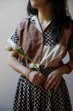 Salvadoran Fashion, Patchwork Denim Shirt, Retro Cotton Shirt For Day Out, Summer Cotton Patchwork Blouse, Summer Linen Patchwork Tops, Brown Cotton Shirt For Day Out, Patch Work Fashion, Erica Kim, Thrift Bundle