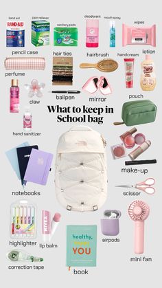 What To Put In School Bag, Cute School Bags Highschool, Back To School Essentials For Highschool, What To Have In Your Bag For School, Stuff For School, What To Keep In Your School Bag, Pack My School Bag With Me, What To Pack In Your School Bag, School Essentials Aesthetic