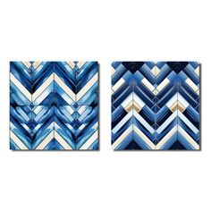 two blue and white wall art pieces with an abstract pattern on the bottom, one in gold