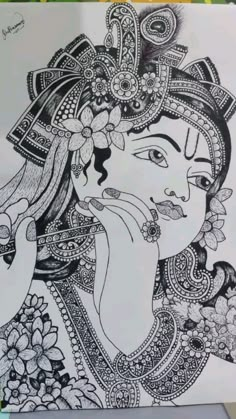 a drawing of a woman with flowers in her hair and an ornate headdress