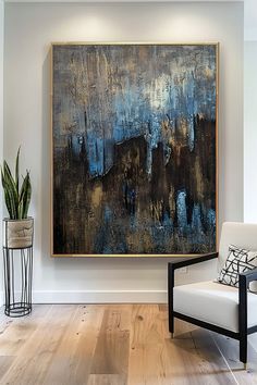 Original handmade abstract painting with textured blue and gold tones on dark background Blue Painting, Contemporary Decor, Abstract Art Painting, Gold Tones, Art Painting