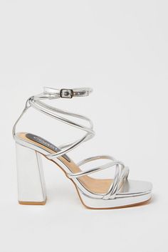 Teddi Strappy Platform High Block Heeled Sandals Silver Formal Shoes, Silver Heels Prom, Quinceanera Shoes, Silver Platform Heels, Pretty High Heels, Strappy Platform Heels, Silver Strappy Heels, Shoes Prom, Fancy Heels