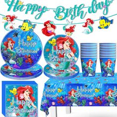 the little mermaid birthday party supplies includes plates, cups and napkins