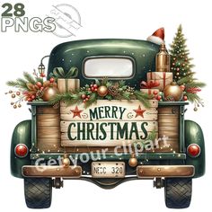 an old green truck with christmas decorations and presents on it's back, painted in watercolor