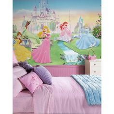 a bedroom decorated with princesses and castle wallpaper