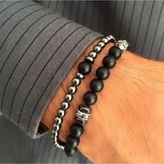 Elevate Your Style With Our 2pc Stone Bead Bracelet Set. Made For Men, This Set Features Round, Black Beads That Exude Sophistication. Whether You Wear Them Together Or Separately, These Bracelets Add A Touch Of Luxury To Any Outfit. Perfect For The Fashion-Forward Man Who Appreciates Fine Details. Men's Bracelets, Mens Gold Bracelets, Mens Beaded Bracelets, Strand Bracelet, Stone Bracelet, Stainless Steel Chain, Bead Bracelet, Black Beads, Bracelet Designs