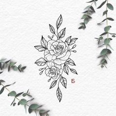 some leaves and flowers on a white paper with the number five in front of them