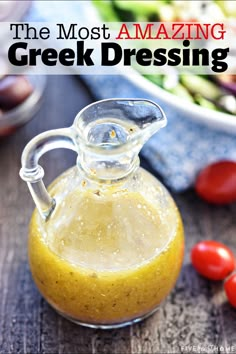 Glass bottle of Greek Salad Dressing with Greek salad ingredients in background. Greek Salad Dressing Recipe, Healthy Dressing Recipes, Greek Dressing, Mediterranean Diet Recipes Dinners, Greek Salad Dressing, Salad Dressing Recipe, Easy Mediterranean Diet Recipes, Greek Salad Recipes