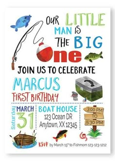 a little man is the big one birthday party poster with fish, boat and fishing theme