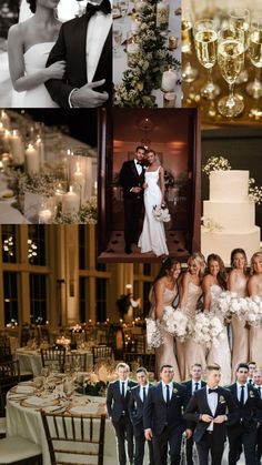 the wedding party is all dressed up and ready to be photographed in this collage