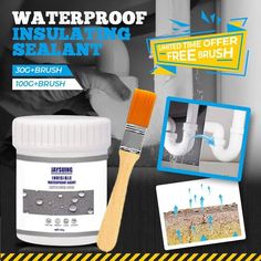 an advertisement for waterproofing sealant with tools such as brush and paint can be seen here