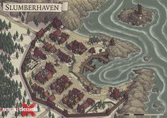 a map of a town surrounded by trees and water with the words slumber haven on it