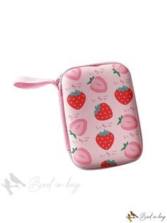 Bird in Bag - Strawberry Printed Rectangle Headphone Storage Bag, Coin Purse, and Mobile Power Charging Cable Storage Pink Portable Phone Bag For Gift, Pink Mobile Phone Bag In Rectangular Shape, Pink Mobile Phone Bag In Rectangular Case, Pink Rectangular Pouch For Storage, Cute Rectangular Phone Bag For School, Cute Rectangular School Phone Bag, Pink Rectangular Pouch, Portable Pink Pouch Case, Pink Portable Pouch Cases