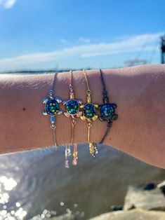 Gold Filled Opal Sea Turtle Tennis Bracelet - Etsy Adjustable Multicolor Stainless Steel Bracelets, Shark Tooth Necklace, Tooth Necklace, Bracelet Box, Turtle Necklace, Paua Shell, Abalone Shell, Box Chain, Tennis Bracelet