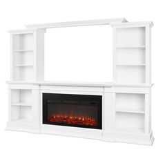 a white entertainment center with an electric fire place and bookcases on either side