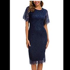 Brand New Never Been Worn Navy Lace Cocktail Dress. Perfect For Date Night, Wedding, Or A Special Night Out Luxury Scalloped Lace Dress For Date Night, Luxury Blue Lace Cocktail Dress, Teen Wedding Guest Dress, Sweden Fashion, Knee Length Cocktail Dress, Pretty Clothing, Floral Lace Shorts, Swedish Fashion, Plus Size Formal