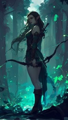 a woman standing in the middle of a forest holding a bow and looking at something