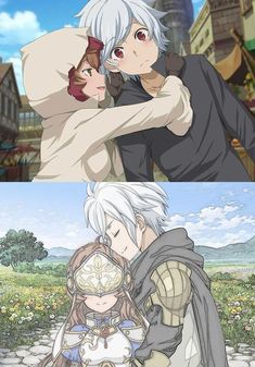 two anime characters, one with white hair and the other with blue eyes are hugging