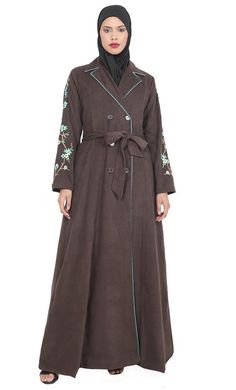 Women's Brown Button Down Embroidered Corduroy Abaya - EastEssence.com Casual Winter Abaya, Embroidered Corduroy, Type Machine, Designer Dress, Hand Work, Full Sleeves, Look Your Best, Model Height, Full Sleeve