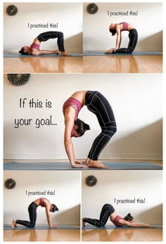 a woman is doing yoga poses on the floor with words above her and below her